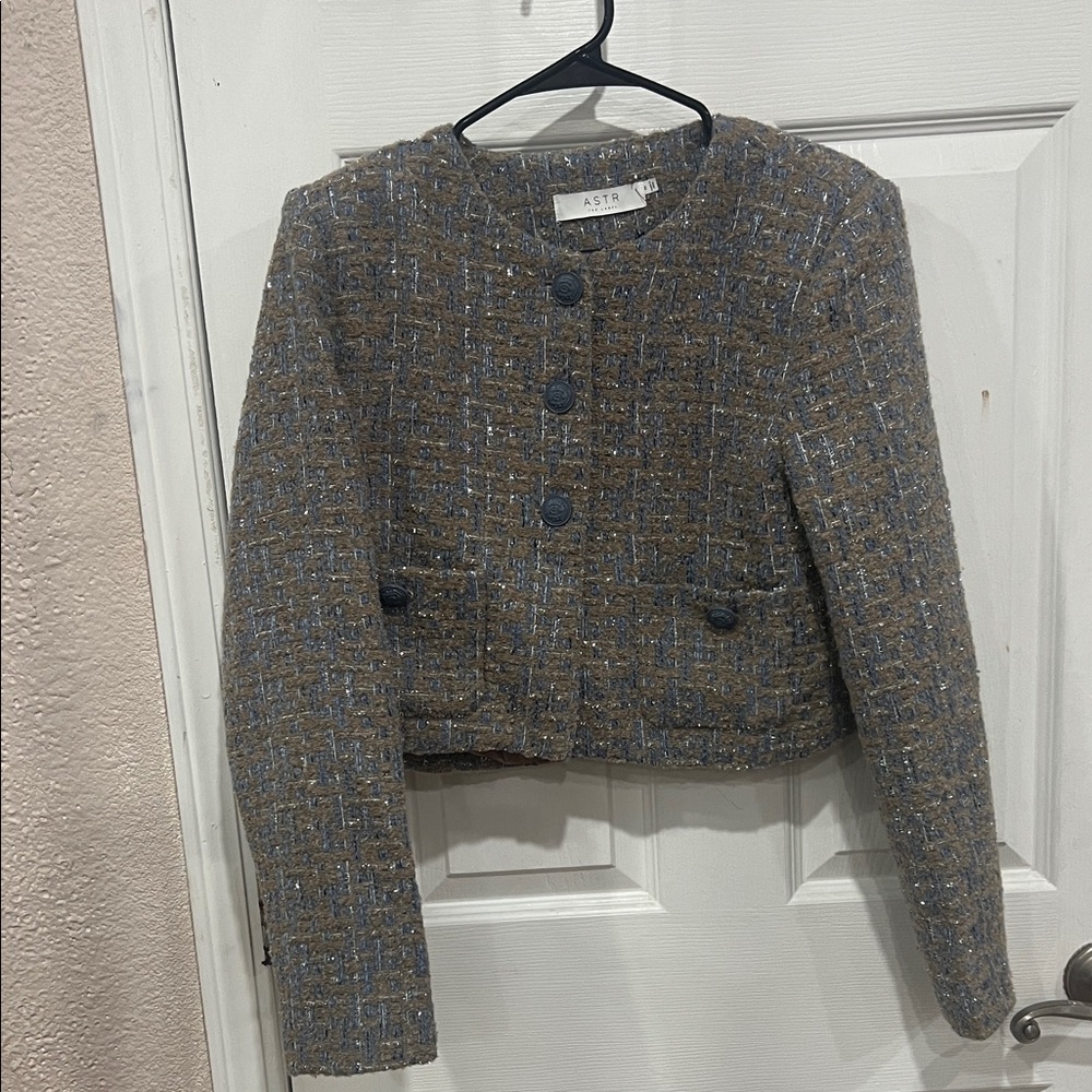 ASTR Brown Tweed Cropped Button Blazer with Blue Accents